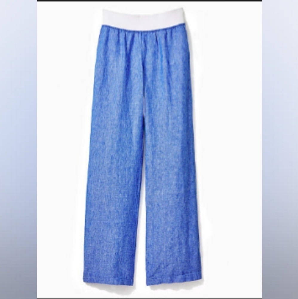 NWT Lilly Pulitzer Beach Palazo Pant Beckon Blue × Resort White Linen Medium